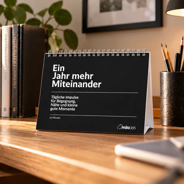 Der Kalender mit schwarzem Cover auf einem Schreibtisch neben einer Reihe Bücher und einem Becher mit Stiften
