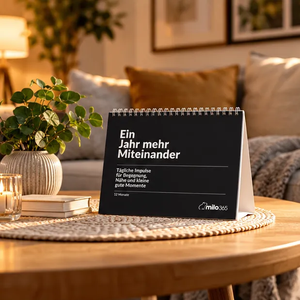 Der Kalender mit schwarzem Cover auf einem runden Holztisch im Wohnzimmer, daneben eine Pflanze und eine Kerze