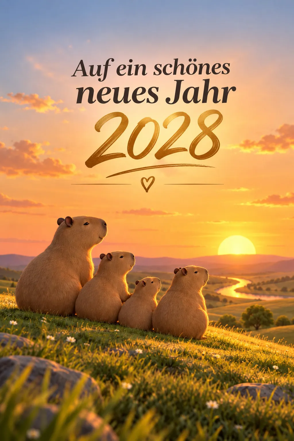Illustration: Eine Capybara-Familie sitzt im Sonnenuntergang auf einer Wiese, darüber der Schriftzug „Auf ein schönes neues Jahr 2028“