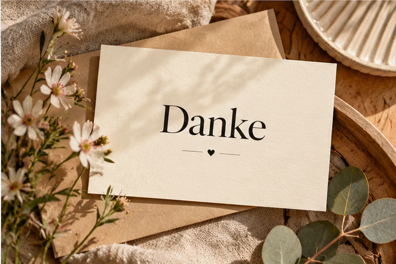 Postkarte „Danke“ von oben auf einem Umschlag aus Kraftpapier, umgeben von Blüten und Eukalyptus