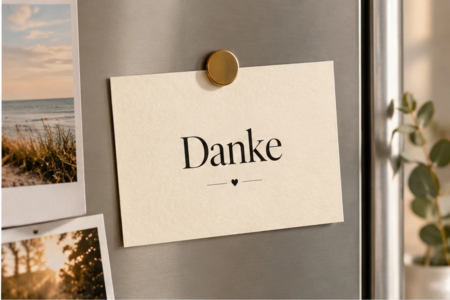 Postkarte „Danke“ mit einem Magneten an einer Kühlschranktür