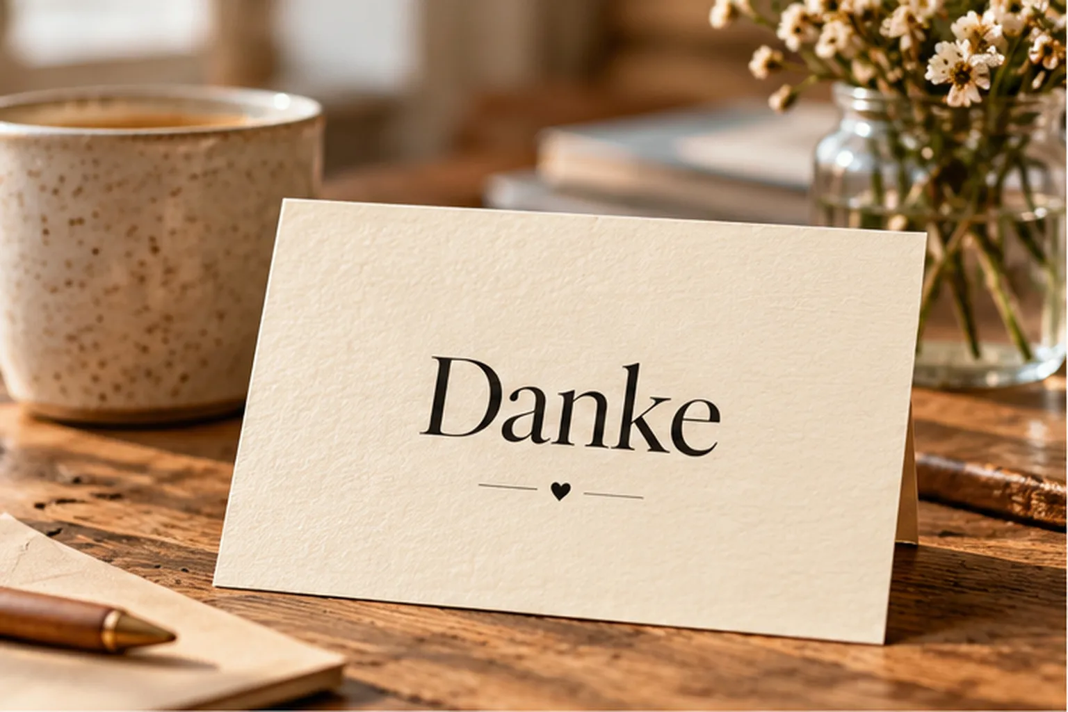 Postkarte „Danke“ aufgestellt auf einem Tisch neben einer Tasse