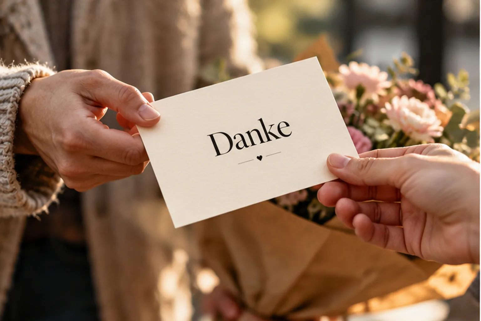Eine Hand reicht einer anderen die Postkarte „Danke“, dahinter ein Blumenstrauß