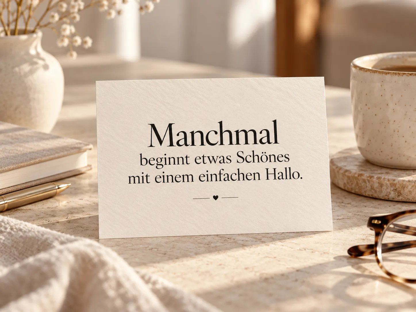Postkarte „Manchmal beginnt etwas Schönes mit einem einfachen Hallo.“ aufgestellt auf einem Tisch neben einer Tasse