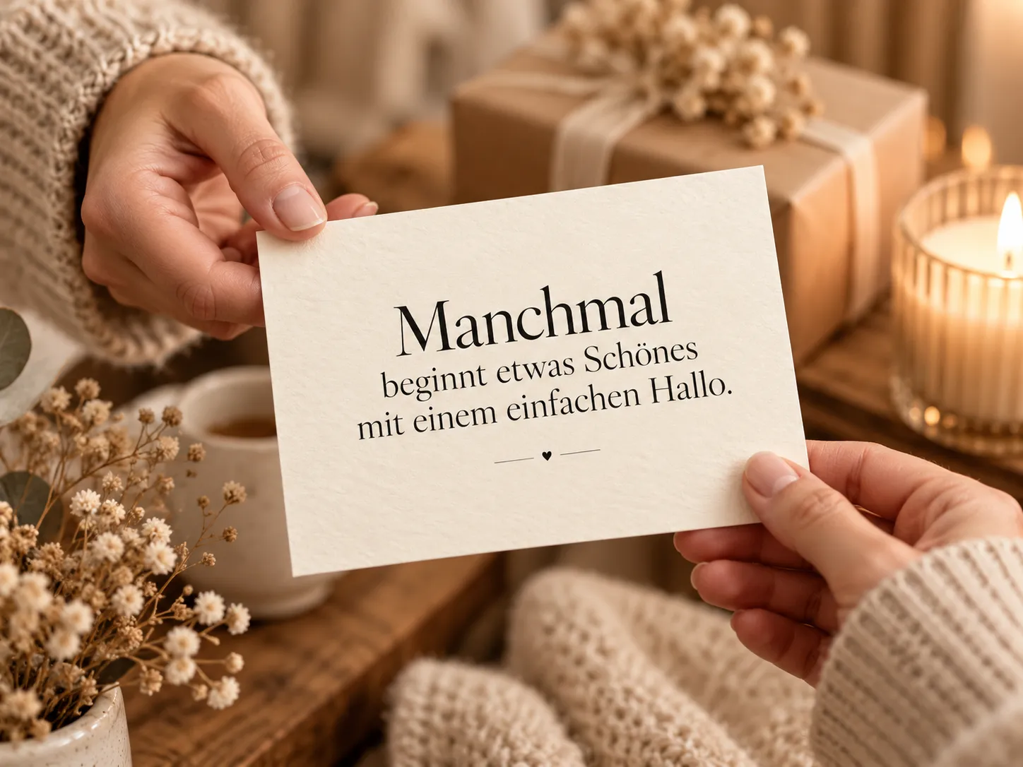 Eine Hand reicht einer anderen die Postkarte „Manchmal beginnt etwas Schönes mit einem einfachen Hallo.“, im Hintergrund ein Geschenk und Kerzenlicht