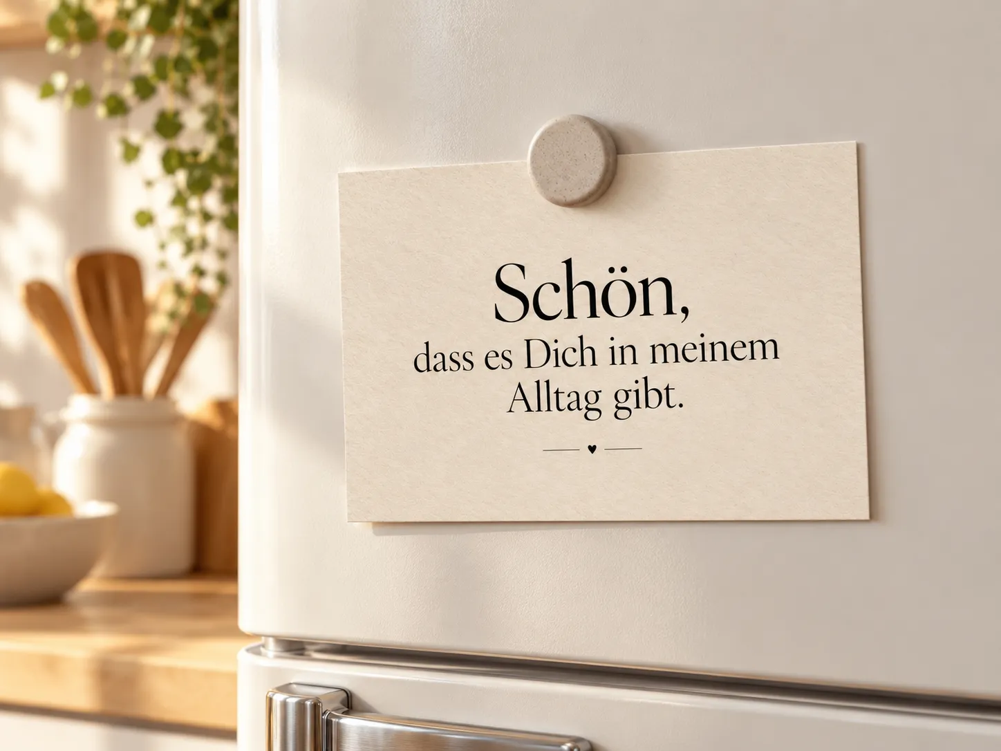 Postkarte „Schön, dass es Dich in meinem Alltag gibt.“ mit einem Magneten an einer Kühlschranktür