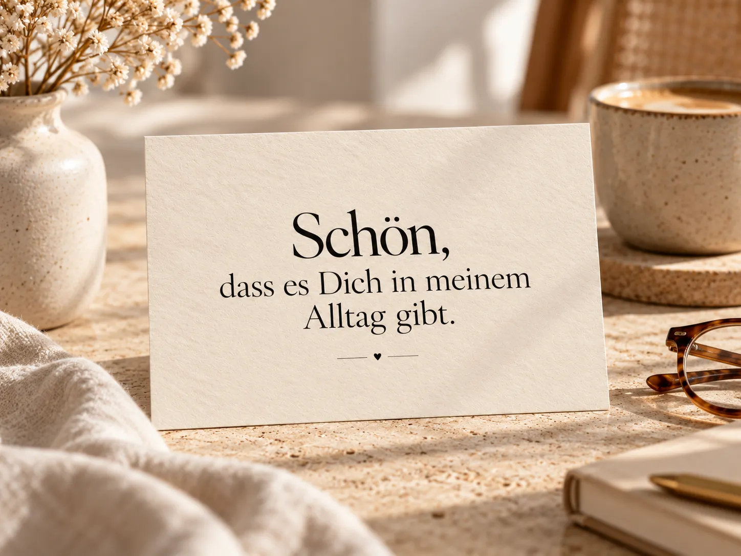 Postkarte „Schön, dass es Dich in meinem Alltag gibt.“ aufgestellt auf einem Tisch neben einer Tasse