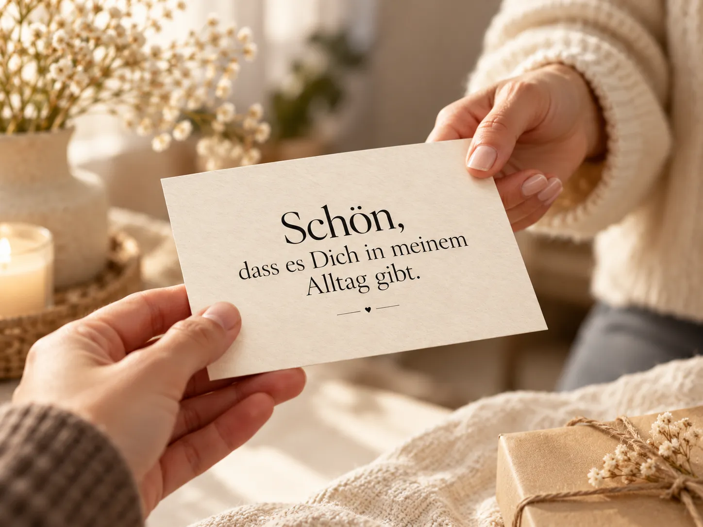 Eine Hand reicht einer anderen die Postkarte „Schön, dass es Dich in meinem Alltag gibt.“, im Hintergrund ein Geschenk und Kerzenlicht