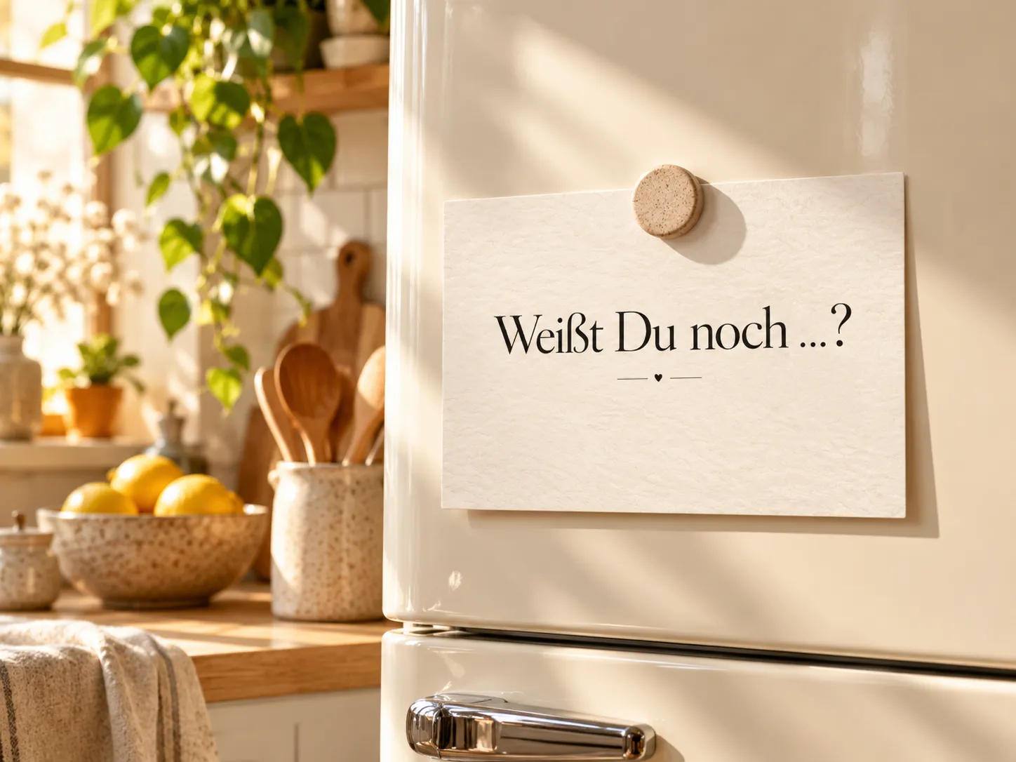 Postkarte „Weißt Du noch …?“ mit einem Magneten an einer Kühlschranktür