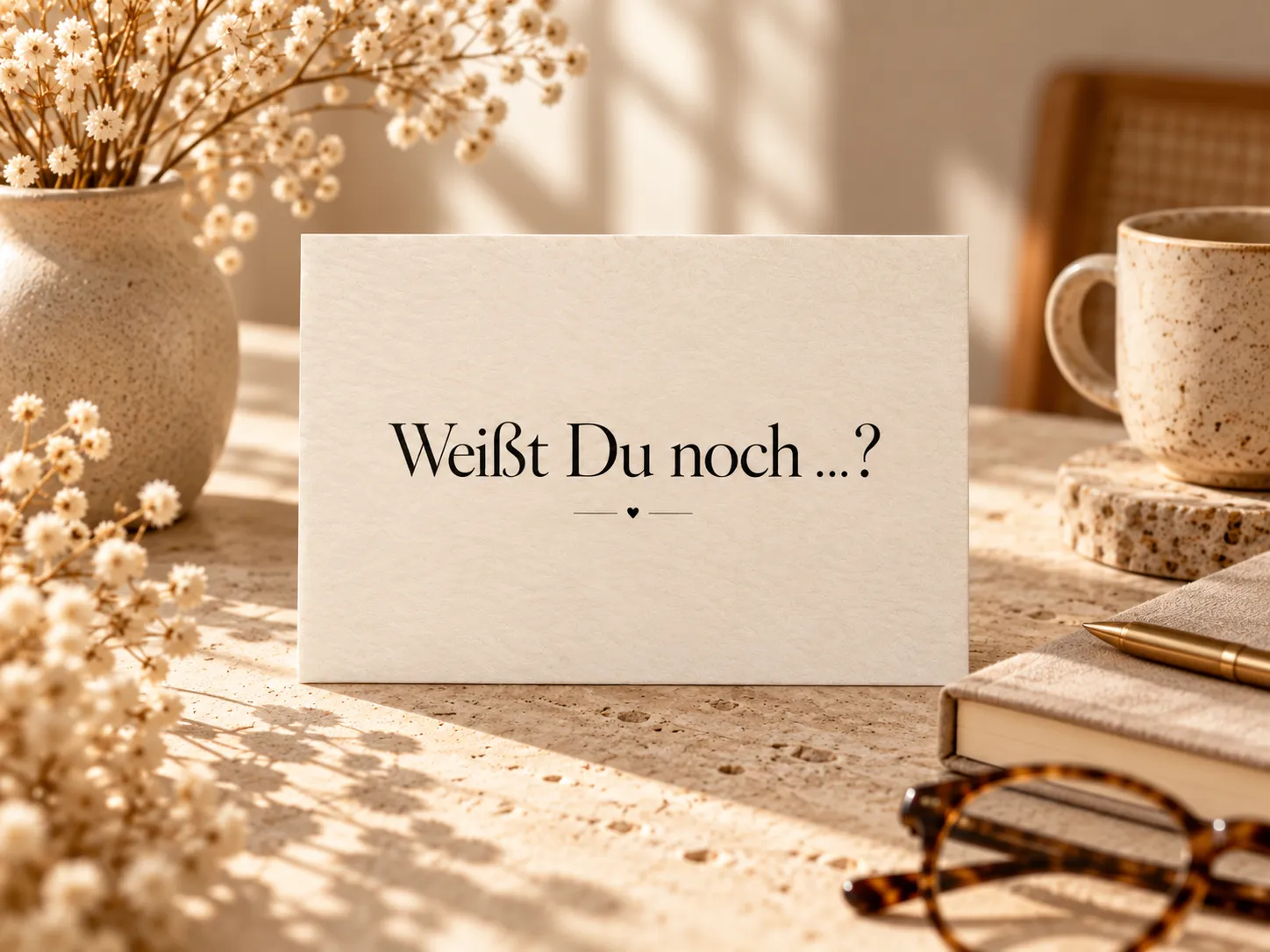 Postkarte „Weißt Du noch …?“ aufgestellt auf einem Tisch neben einer Tasse