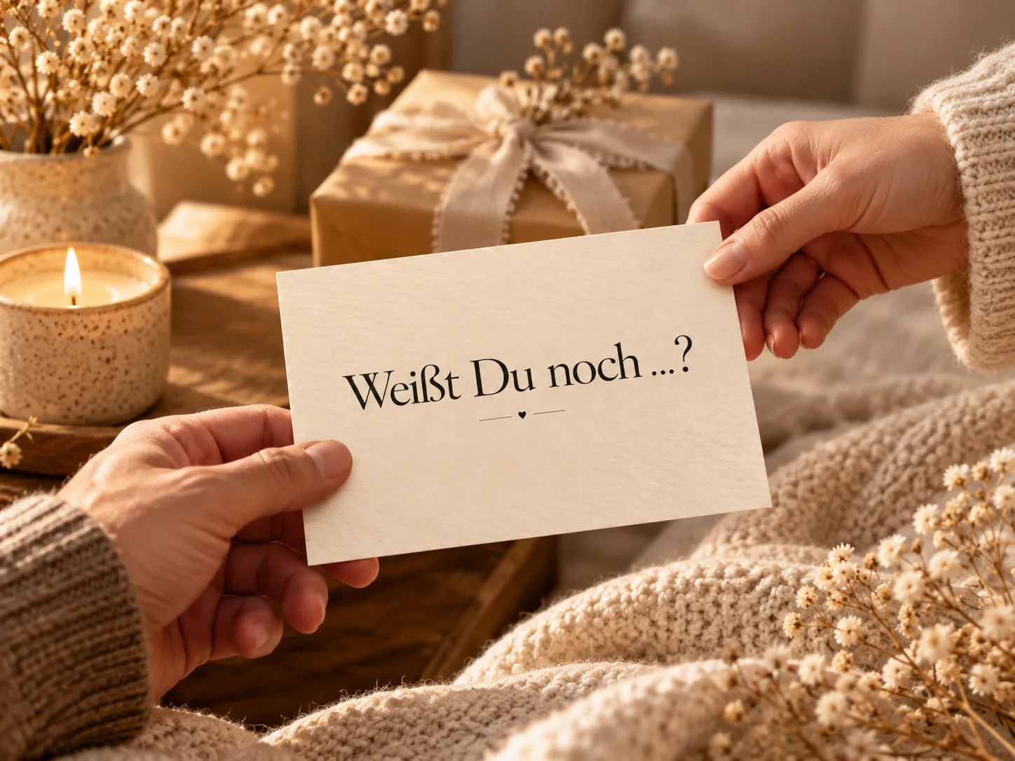 Eine Hand reicht einer anderen die Postkarte „Weißt Du noch …?“, im Hintergrund ein Geschenk und Kerzenlicht